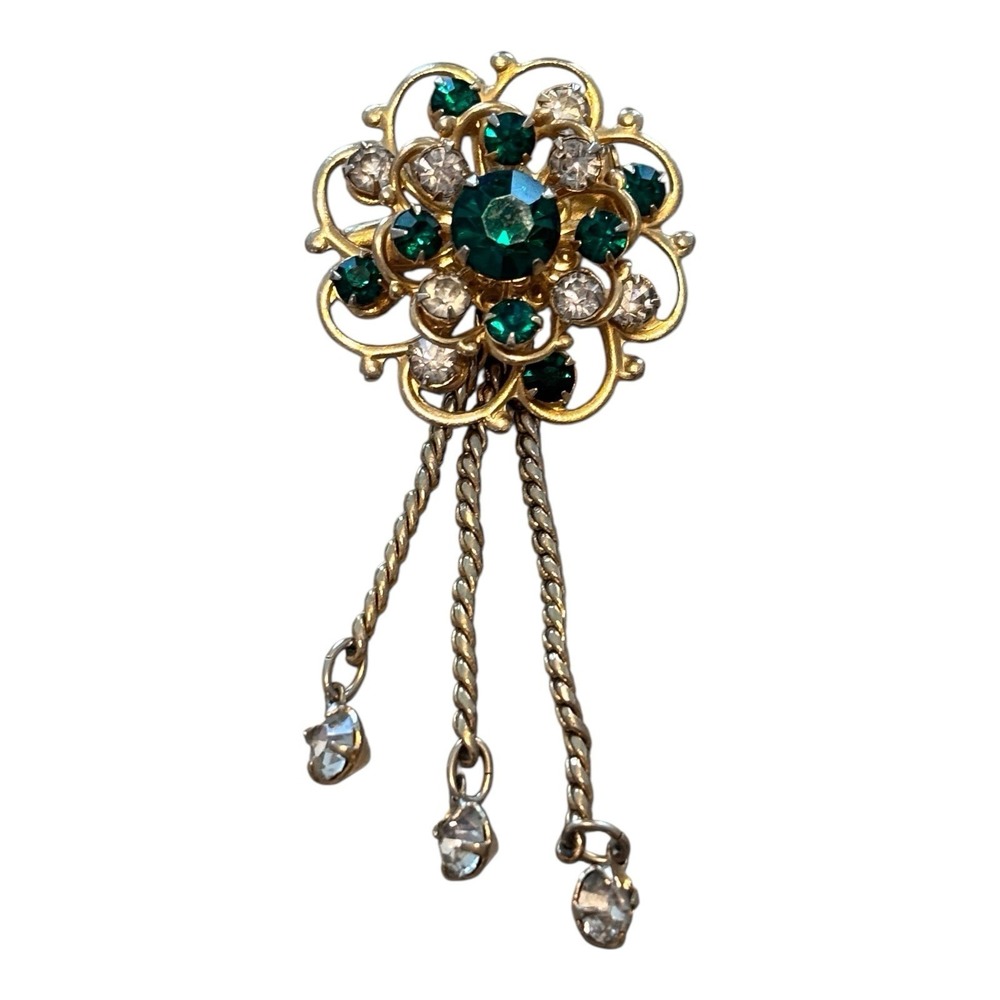 Vtg‎ Coro Rhinestone Brooch Green Clear Floral Dangle Gold Tone Pin Signed